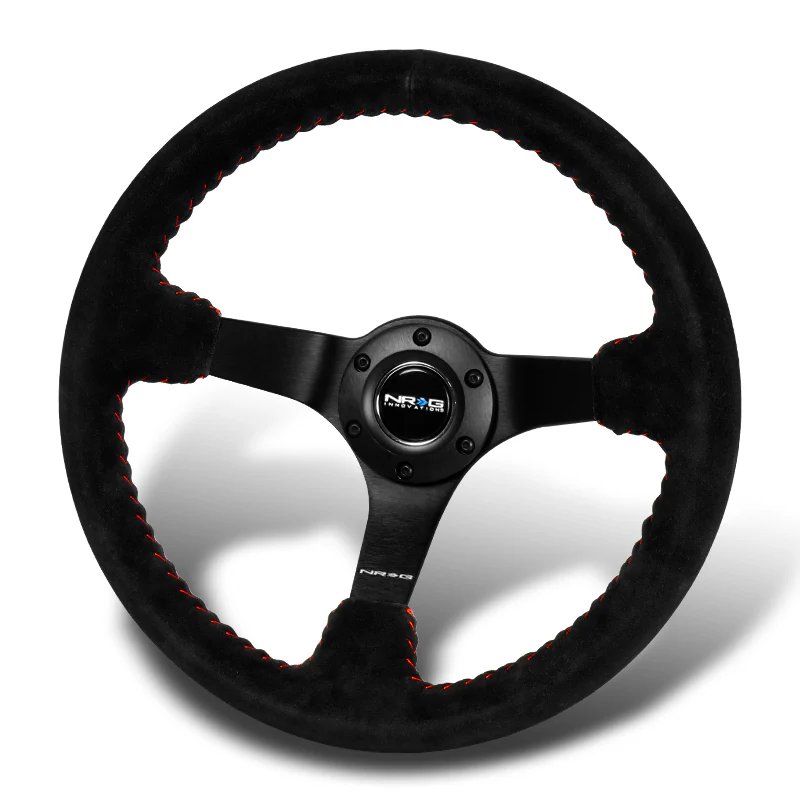 NRG 13.75" 350mm 6-Bolt Hole Premium Black Suede With Red Stitch Grip Aluminum Finished 3-Spoke 3 Inch Deep Dish Racing Steering Wheel RST-036MB-S-RD -Matte Black Spoke - Image 4