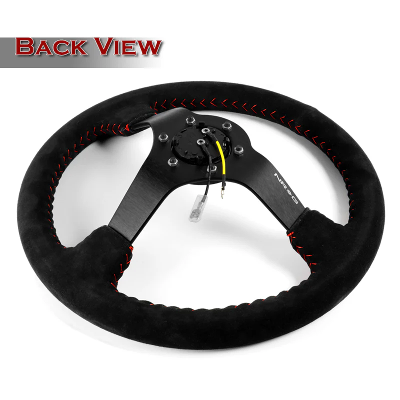 NRG 13.75" 350mm 6-Bolt Hole Premium Black Suede With Red Stitch Grip Aluminum Finished 3-Spoke 3 Inch Deep Dish Racing Steering Wheel RST-036MB-S-RD -Matte Black Spoke - Image 5