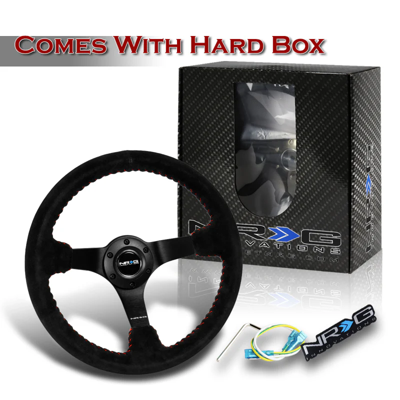 NRG 13.75" 350mm 6-Bolt Hole Premium Black Suede With Red Stitch Grip Aluminum Finished 3-Spoke 3 Inch Deep Dish Racing Steering Wheel RST-036MB-S-RD -Matte Black Spoke - Image 6