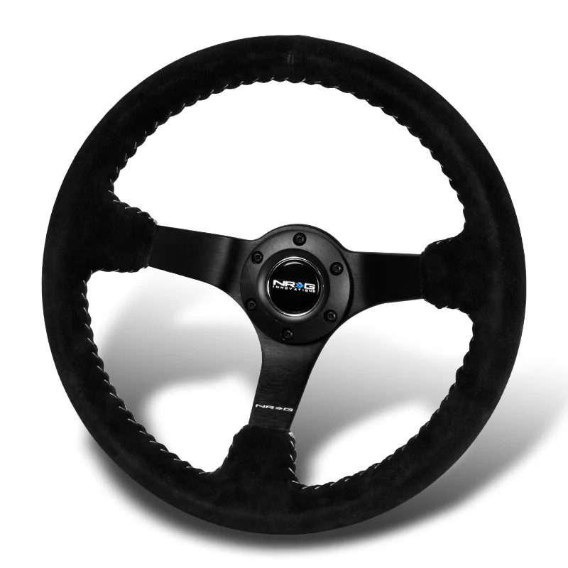 NRG 13.75" 350mm 6-Bolt Hole Premium Black Suede With Silver Stitch Grip Aluminum Finished 3-Spoke 3 Inch Deep Dish Racing Steering Wheel RST-036MB-S-SL -Matte Black Spoke - Image 4