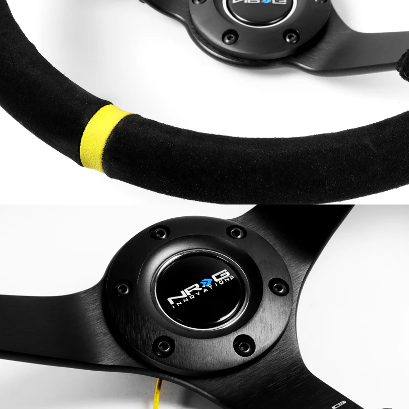 NRG 13.75" 350mm 6-Bolt Hole Premium Black Suede With Yellow Stripe Grip Aluminum Finished 3-Spoke 3 Inch Deep Dish Racing Steering Wheel RST-036MB-S-Y-Matte Black Spoke - Image 3