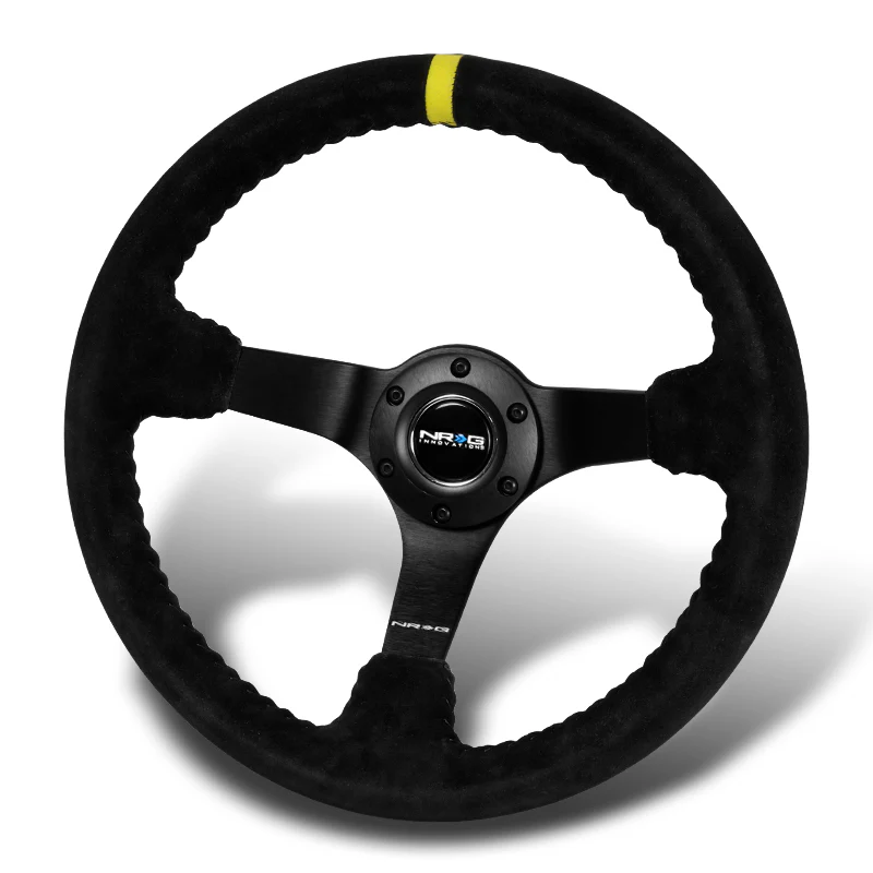 NRG 13.75" 350mm 6-Bolt Hole Premium Black Suede With Yellow Stripe Grip Aluminum Finished 3-Spoke 3 Inch Deep Dish Racing Steering Wheel RST-036MB-S-Y-Matte Black Spoke - Image 4