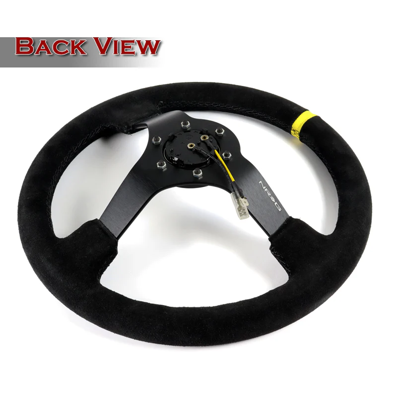 NRG 13.75" 350mm 6-Bolt Hole Premium Black Suede With Yellow Stripe Grip Aluminum Finished 3-Spoke 3 Inch Deep Dish Racing Steering Wheel RST-036MB-S-Y-Matte Black Spoke - Image 5