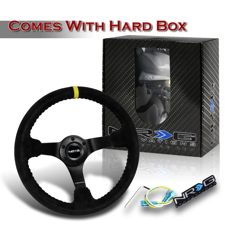 NRG 13.75" 350mm 6-Bolt Hole Premium Black Suede With Yellow Stripe Grip Aluminum Finished 3-Spoke 3 Inch Deep Dish Racing Steering Wheel RST-036MB-S-Y-Matte Black Spoke - Image 6