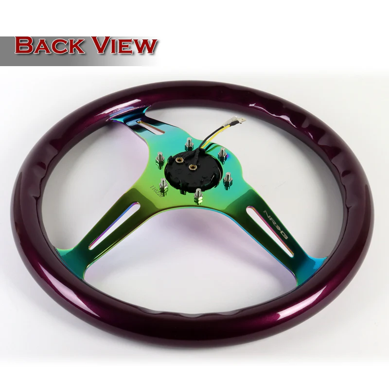 NRG 13.75" 350mm 6-Bolt Hole Purple Classic Wood Grain Grip Aluminum Finished 3-Spoke Steering Wheel ST-015MC-PP -Neo Chrome Spoke - Image 4