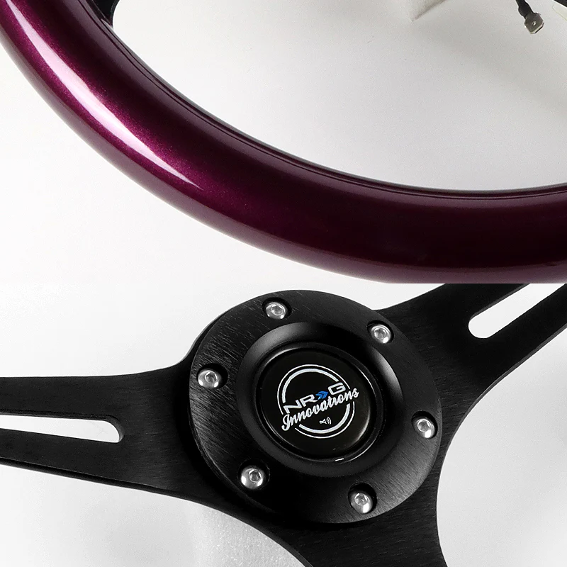 NRG 13.75" 350mm 6-Bolt Hole Purple Classic Wood Grip Aluminum Finished 3-Spoke Steering Wheel ST-015BK-PP -Black Spoke - Image 3