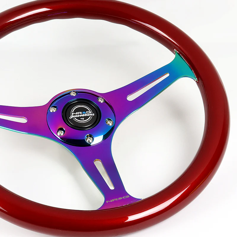 NRG 13.75" 350mm 6-Bolt Hole Red Classic Wood Grain Grip Aluminum Finished 3-Spoke Steering Wheel ST-015MC-RD -Neo Chrome Spoke - Image 3