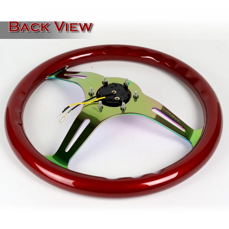 NRG 13.75" 350mm 6-Bolt Hole Red Classic Wood Grain Grip Aluminum Finished 3-Spoke Steering Wheel ST-015MC-RD -Neo Chrome Spoke - Image 4