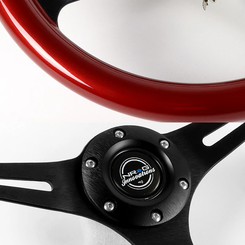 NRG 13.75" 350mm 6-Bolt Hole Red Classic Wood Grip Aluminum Finished 3-Spoke Steering Wheel ST-015BK-RD -Black Spoke - Image 3