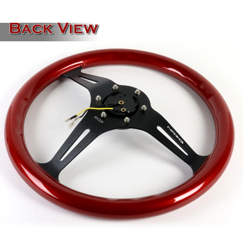 NRG 13.75" 350mm 6-Bolt Hole Red Classic Wood Grip Aluminum Finished 3-Spoke Steering Wheel ST-015BK-RD -Black Spoke - Image 4