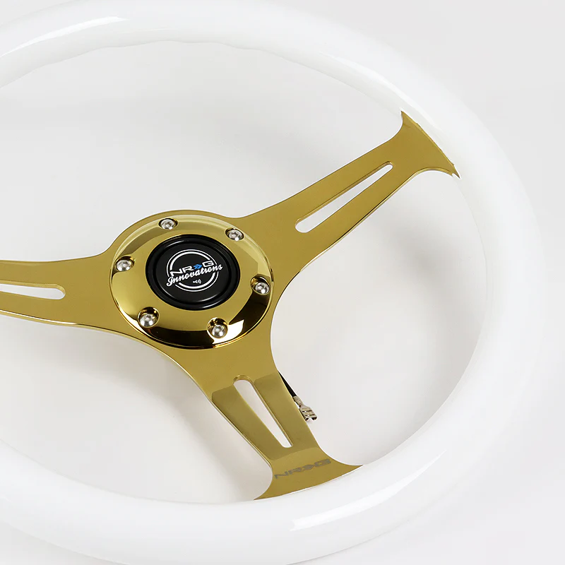 NRG 13.75" 350mm 6-Bolt Hole White Classic Wood Grip Aluminum Finished 3-Spoke Steering Wheel ST-015CG-WT -Chrome Gold Spoke - Image 3