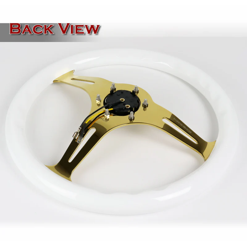 NRG 13.75" 350mm 6-Bolt Hole White Classic Wood Grip Aluminum Finished 3-Spoke Steering Wheel ST-015CG-WT -Chrome Gold Spoke - Image 4