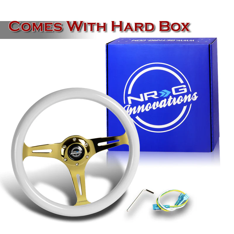 NRG 13.75" 350mm 6-Bolt Hole White Classic Wood Grip Aluminum Finished 3-Spoke Steering Wheel ST-015CG-WT -Chrome Gold Spoke - Image 5