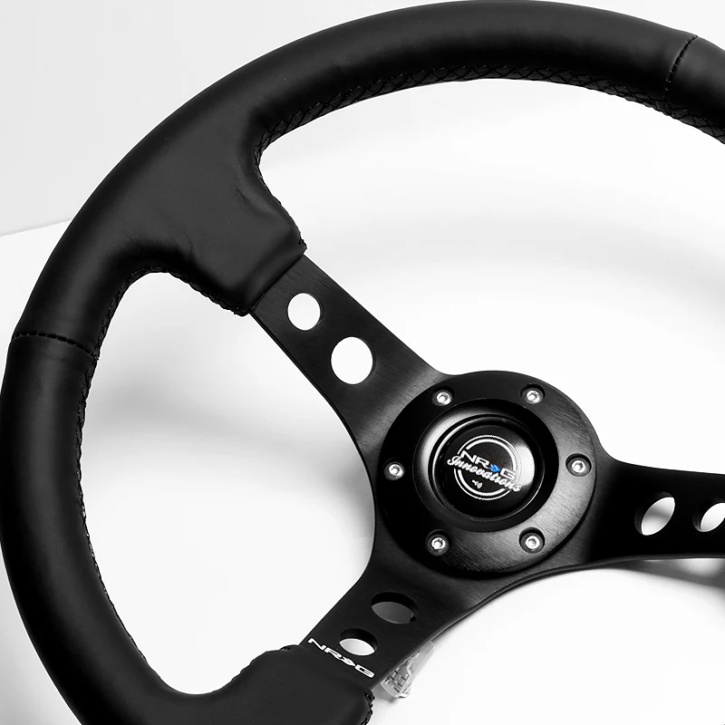 NRG 14" 350mm 6-Bolt Hole Black Leather Grip With Aluminum Finished 3-Spoke 3.5 Inches Deep Dish Racing Steering Wheel -Black Center - Image 3