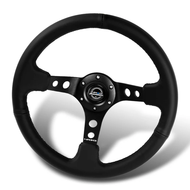 NRG 14" 350mm 6-Bolt Hole Black Leather Grip With Aluminum Finished 3-Spoke 3.5 Inches Deep Dish Racing Steering Wheel -Black Center - Image 4