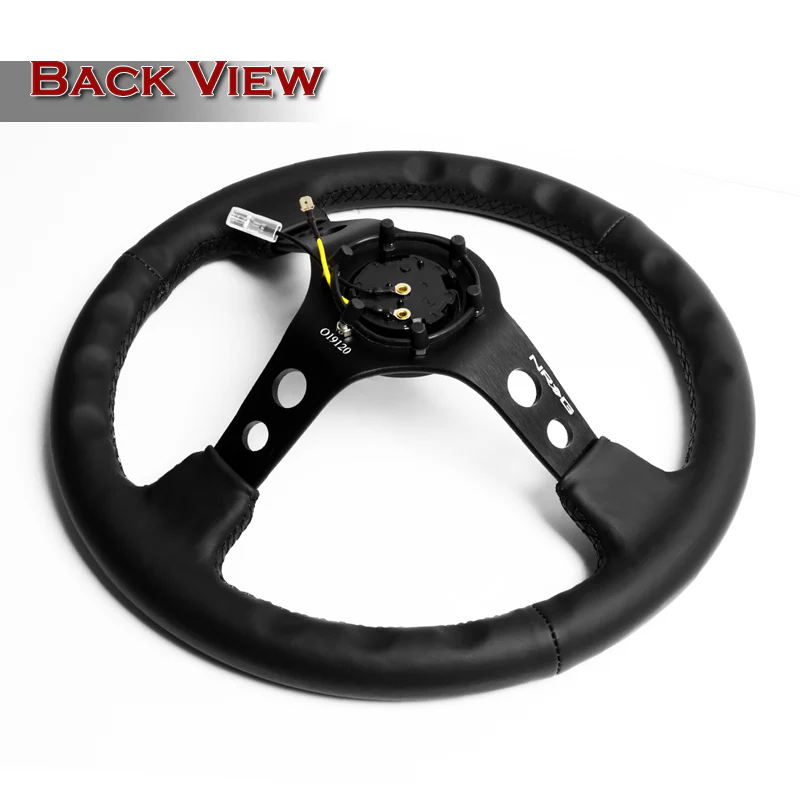 NRG 14" 350mm 6-Bolt Hole Black Leather Grip With Aluminum Finished 3-Spoke 3.5 Inches Deep Dish Racing Steering Wheel -Black Center - Image 5
