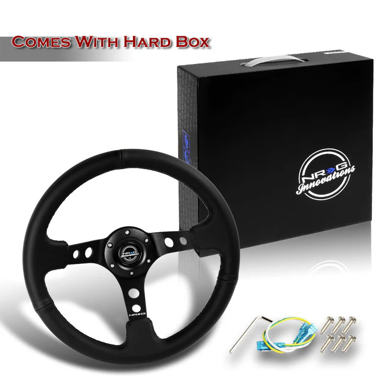NRG 14" 350mm 6-Bolt Hole Black Leather Grip With Aluminum Finished 3-Spoke 3.5 Inches Deep Dish Racing Steering Wheel -Black Center - Image 6