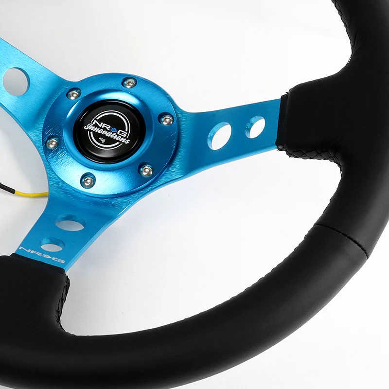 NRG 13.5" 350mm 6-Bolt Hole Black Leather Grip With Aluminum Finished 3-Spoke 3.5 Inches Deep Dish Racing Steering Wheel RST-006BL -Blue Center - Image 3