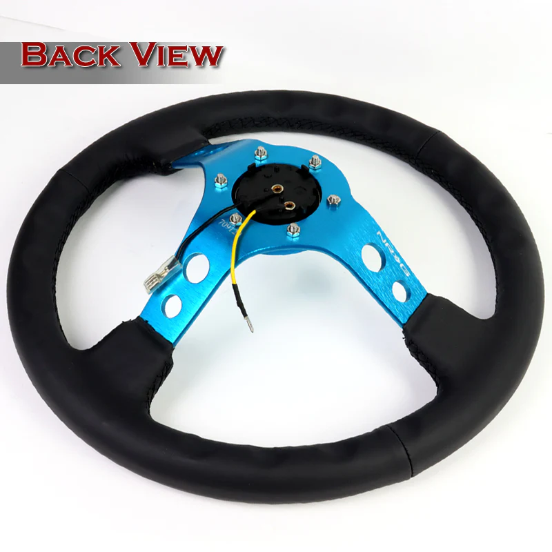 NRG 13.5" 350mm 6-Bolt Hole Black Leather Grip With Aluminum Finished 3-Spoke 3.5 Inches Deep Dish Racing Steering Wheel RST-006BL -Blue Center - Image 4