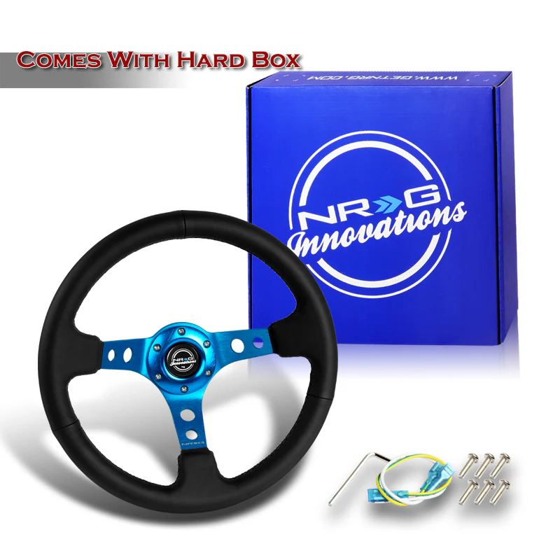 NRG 13.5" 350mm 6-Bolt Hole Black Leather Grip With Aluminum Finished 3-Spoke 3.5 Inches Deep Dish Racing Steering Wheel RST-006BL -Blue Center - Image 5