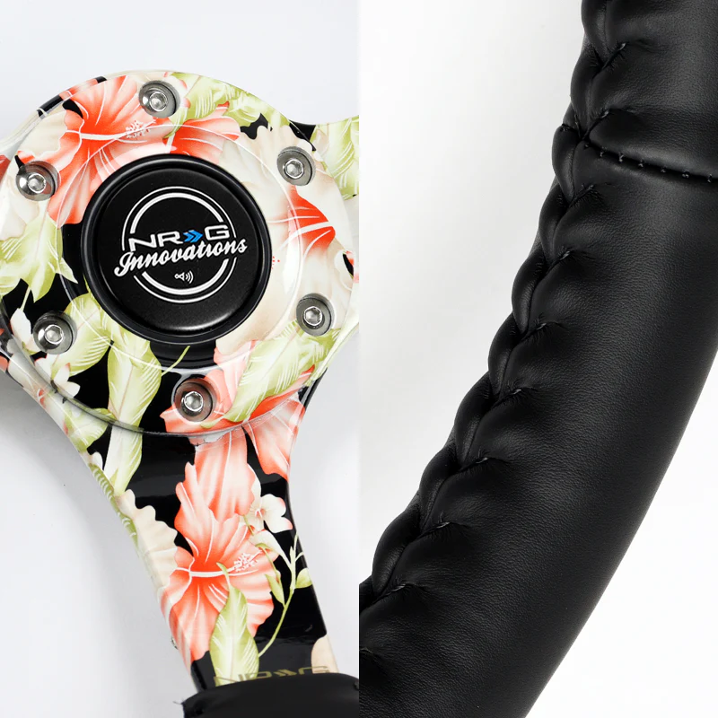 NRG 14" 350mm 6-Bolt Hole Black Leather Grip With Aluminum Finished 3-Spoke 3 Inch Deep Dish Steering Wheel RST-036FL-R -Hydro Dipped Floral Spoke - Image 3