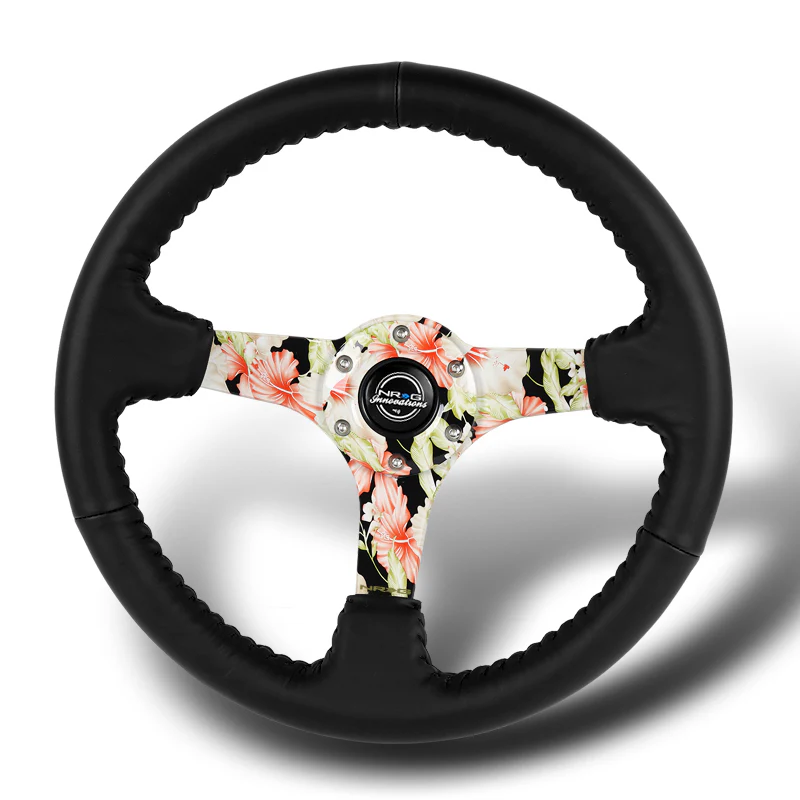 NRG 14" 350mm 6-Bolt Hole Black Leather Grip With Aluminum Finished 3-Spoke 3 Inch Deep Dish Steering Wheel RST-036FL-R -Hydro Dipped Floral Spoke - Image 4
