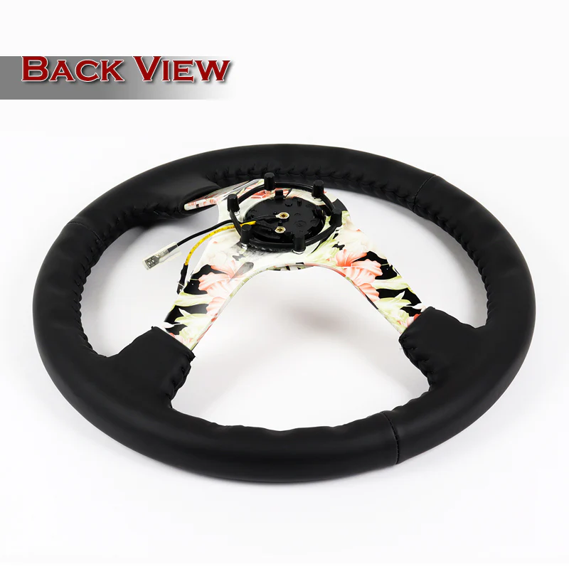 NRG 14" 350mm 6-Bolt Hole Black Leather Grip With Aluminum Finished 3-Spoke 3 Inch Deep Dish Steering Wheel RST-036FL-R -Hydro Dipped Floral Spoke - Image 5