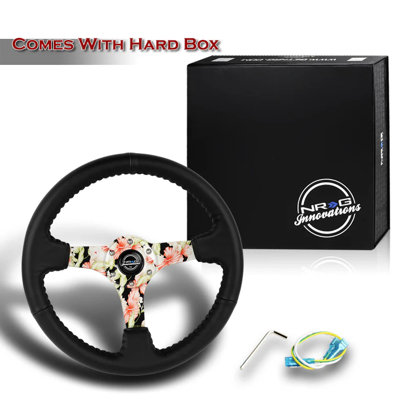 NRG 14" 350mm 6-Bolt Hole Black Leather Grip With Aluminum Finished 3-Spoke 3 Inch Deep Dish Steering Wheel RST-036FL-R -Hydro Dipped Floral Spoke - Image 6