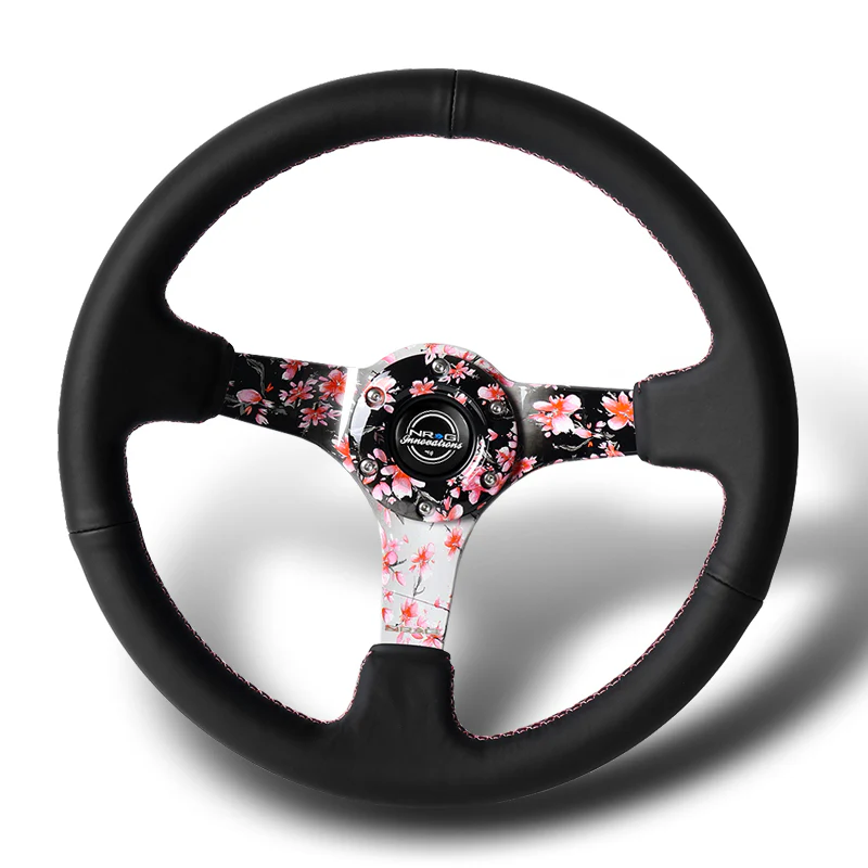 NRG 14" 350mm 6-Bolt Hole Black Leather Grip With Aluminum Finished 3-Spoke 3 Inch Deep Dish Steering Wheel RST-036SAK-R -Sakura Spoke - Image 4
