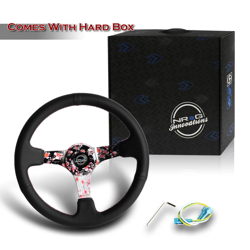 NRG 14" 350mm 6-Bolt Hole Black Leather Grip With Aluminum Finished 3-Spoke 3 Inch Deep Dish Steering Wheel RST-036SAK-R -Sakura Spoke - Image 6