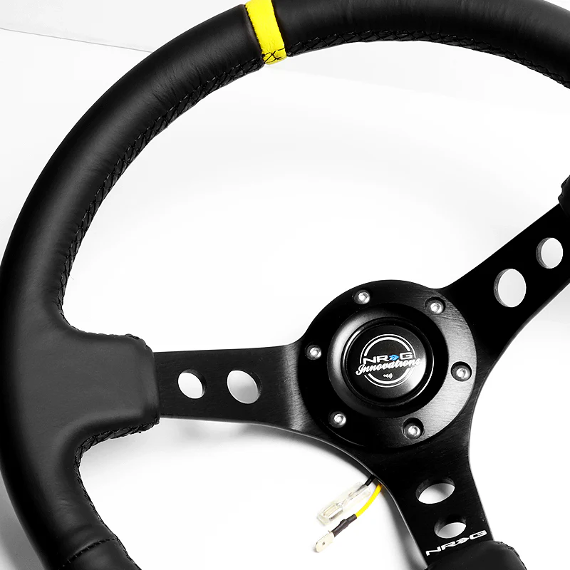 NRG 14" 350mm 6-Bolt Hole Black Leather Yellow Stripe Grip With Aluminum Finished 3-Spoke 3.5 Inches Deep Dish Racing Steering Wheel -Black Center - Image 3