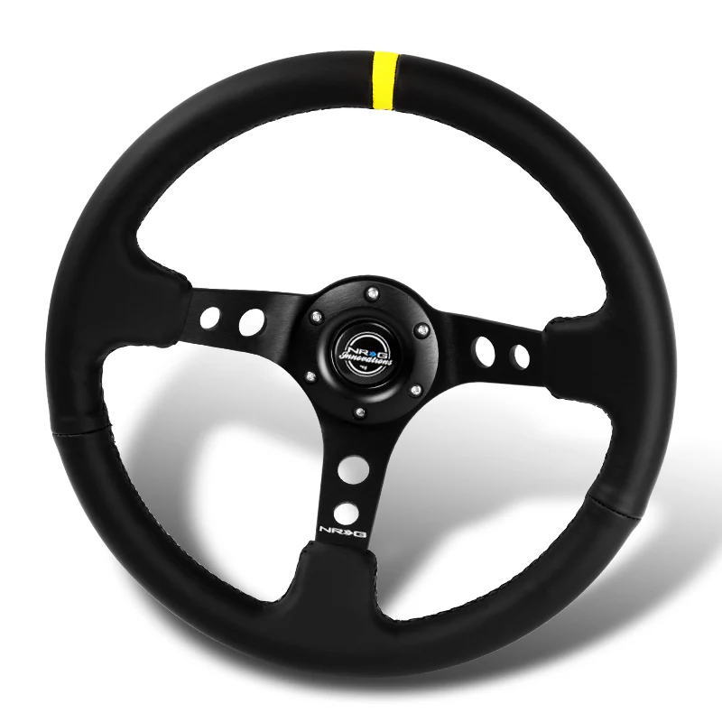 NRG 14" 350mm 6-Bolt Hole Black Leather Yellow Stripe Grip With Aluminum Finished 3-Spoke 3.5 Inches Deep Dish Racing Steering Wheel -Black Center - Image 4