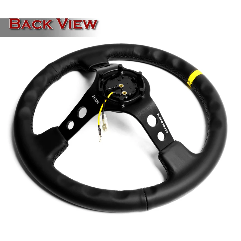 NRG 14" 350mm 6-Bolt Hole Black Leather Yellow Stripe Grip With Aluminum Finished 3-Spoke 3.5 Inches Deep Dish Racing Steering Wheel -Black Center - Image 5