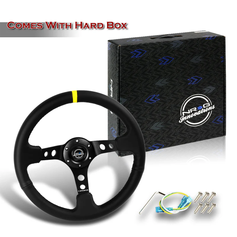 NRG 14" 350mm 6-Bolt Hole Black Leather Yellow Stripe Grip With Aluminum Finished 3-Spoke 3.5 Inches Deep Dish Racing Steering Wheel -Black Center - Image 6