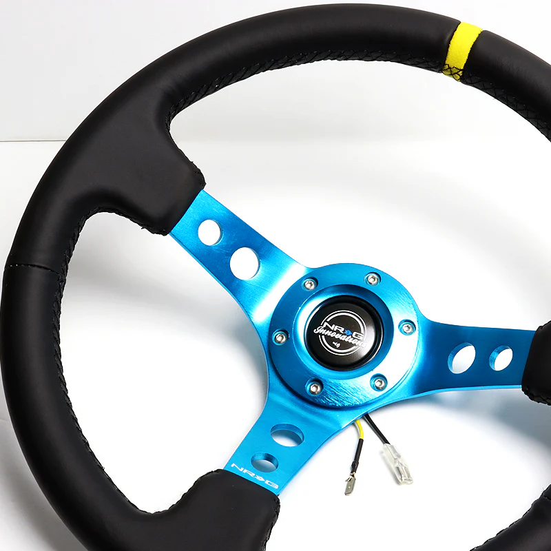 NRG 14" 350mm 6-Bolt Hole Black Leather Yellow Stripe Grip With Aluminum Finished 3-Spoke 3.5 Inches Deep Dish Racing Steering Wheel RST-006BL-Y -Blue Center - Image 3