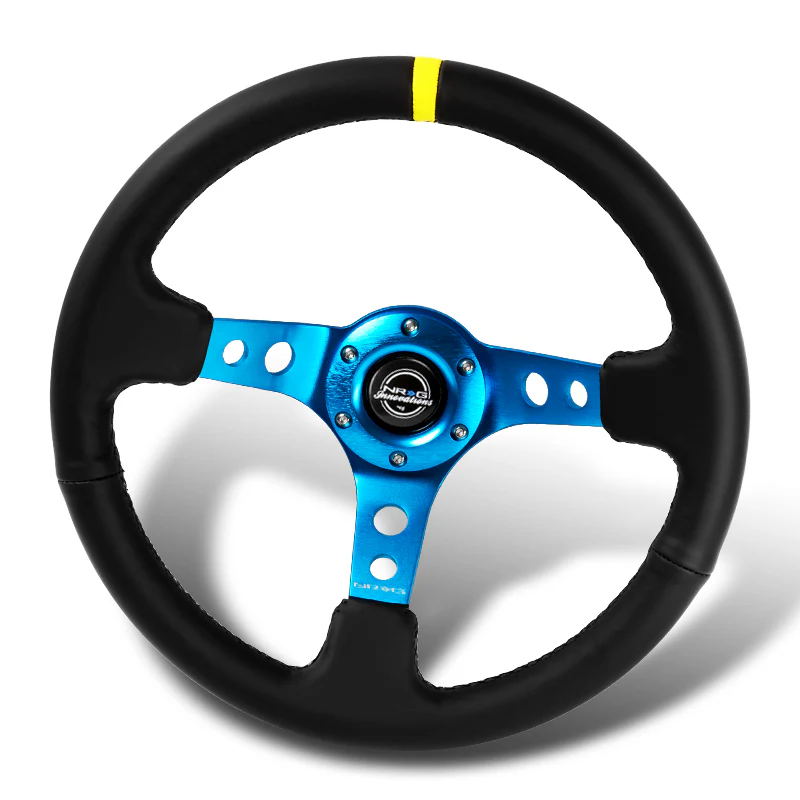 NRG 14" 350mm 6-Bolt Hole Black Leather Yellow Stripe Grip With Aluminum Finished 3-Spoke 3.5 Inches Deep Dish Racing Steering Wheel RST-006BL-Y -Blue Center - Image 4