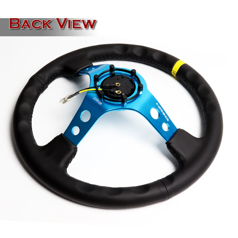 NRG 14" 350mm 6-Bolt Hole Black Leather Yellow Stripe Grip With Aluminum Finished 3-Spoke 3.5 Inches Deep Dish Racing Steering Wheel RST-006BL-Y -Blue Center - Image 5