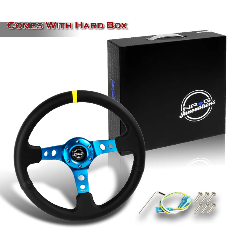 NRG 14" 350mm 6-Bolt Hole Black Leather Yellow Stripe Grip With Aluminum Finished 3-Spoke 3.5 Inches Deep Dish Racing Steering Wheel RST-006BL-Y -Blue Center - Image 6