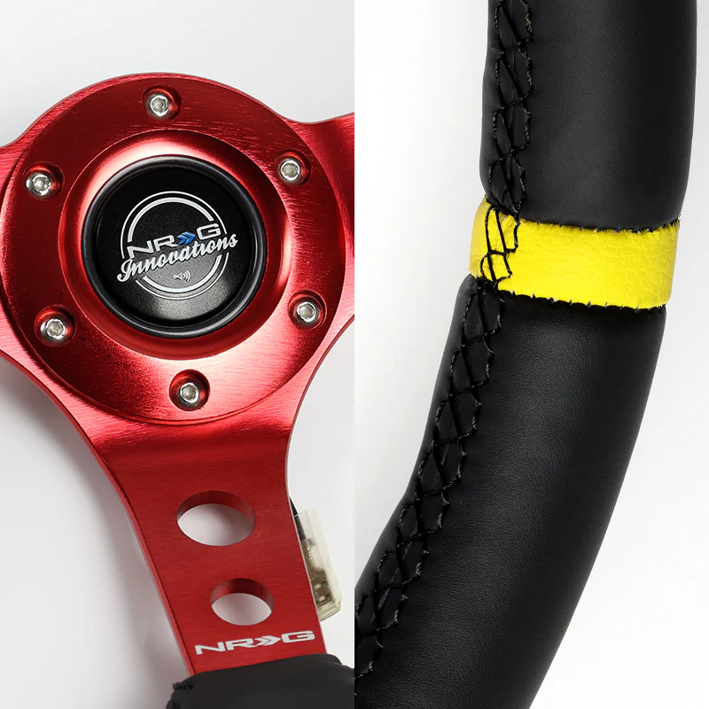 NRG 14" 350mm 6-Bolt Hole Black Leather Yellow Stripe Grip With Aluminum Finished 3-Spoke 3 Inches Deep Dish Racing Steering Wheel RST-006RD-Y -Red Center - Image 3