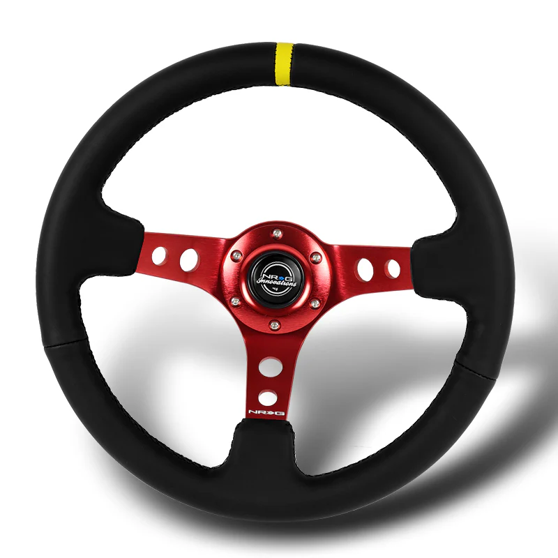 NRG 14" 350mm 6-Bolt Hole Black Leather Yellow Stripe Grip With Aluminum Finished 3-Spoke 3 Inches Deep Dish Racing Steering Wheel RST-006RD-Y -Red Center - Image 4