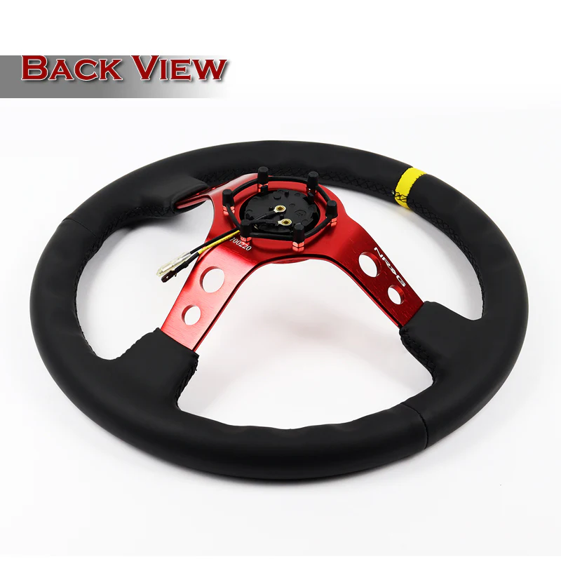NRG 14" 350mm 6-Bolt Hole Black Leather Yellow Stripe Grip With Aluminum Finished 3-Spoke 3 Inches Deep Dish Racing Steering Wheel RST-006RD-Y -Red Center - Image 5