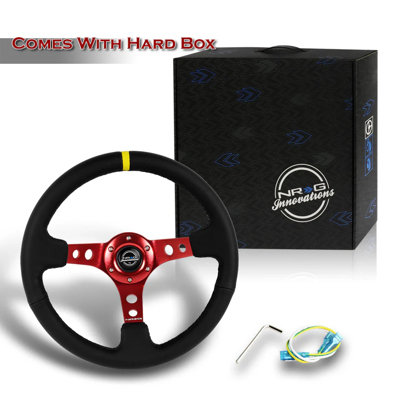 NRG 14" 350mm 6-Bolt Hole Black Leather Yellow Stripe Grip With Aluminum Finished 3-Spoke 3 Inches Deep Dish Racing Steering Wheel RST-006RD-Y -Red Center - Image 6
