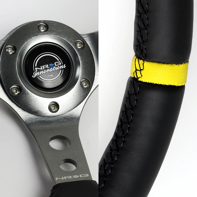 NRG 14" 350mm 6-Bolt Hole Black Leather Yellow Stripe Grip With Aluminum Finished 3-Spoke 3 Inches Deep Dish Racing Steering Wheel RST-006GM-Y -Gun Metal Center - Image 3