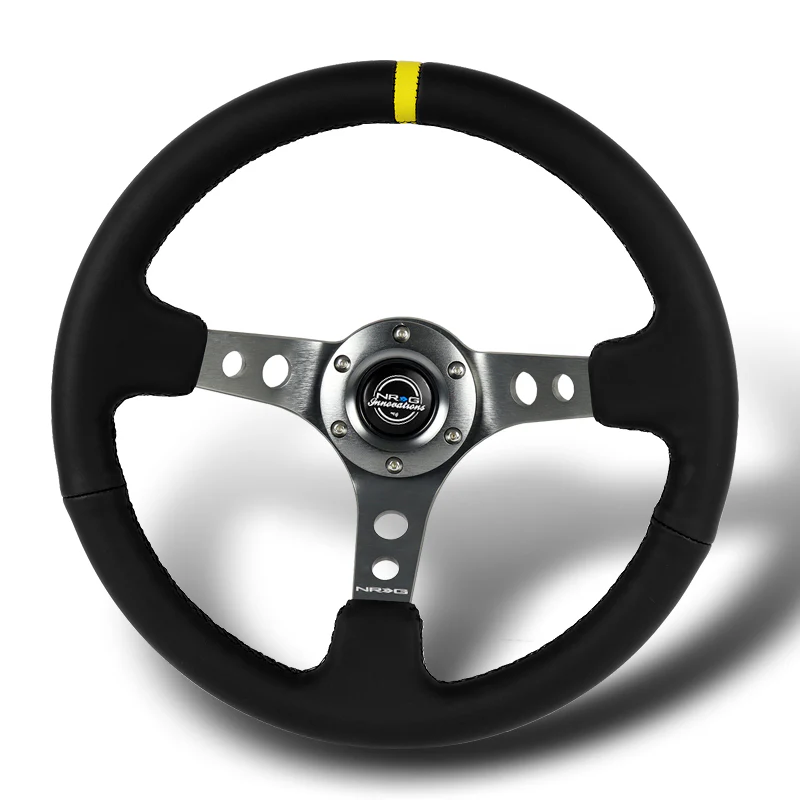 NRG 14" 350mm 6-Bolt Hole Black Leather Yellow Stripe Grip With Aluminum Finished 3-Spoke 3 Inches Deep Dish Racing Steering Wheel RST-006GM-Y -Gun Metal Center - Image 4