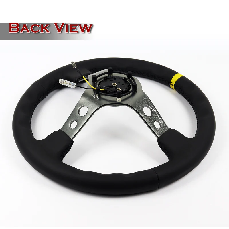 NRG 14" 350mm 6-Bolt Hole Black Leather Yellow Stripe Grip With Aluminum Finished 3-Spoke 3 Inches Deep Dish Racing Steering Wheel RST-006GM-Y -Gun Metal Center - Image 5