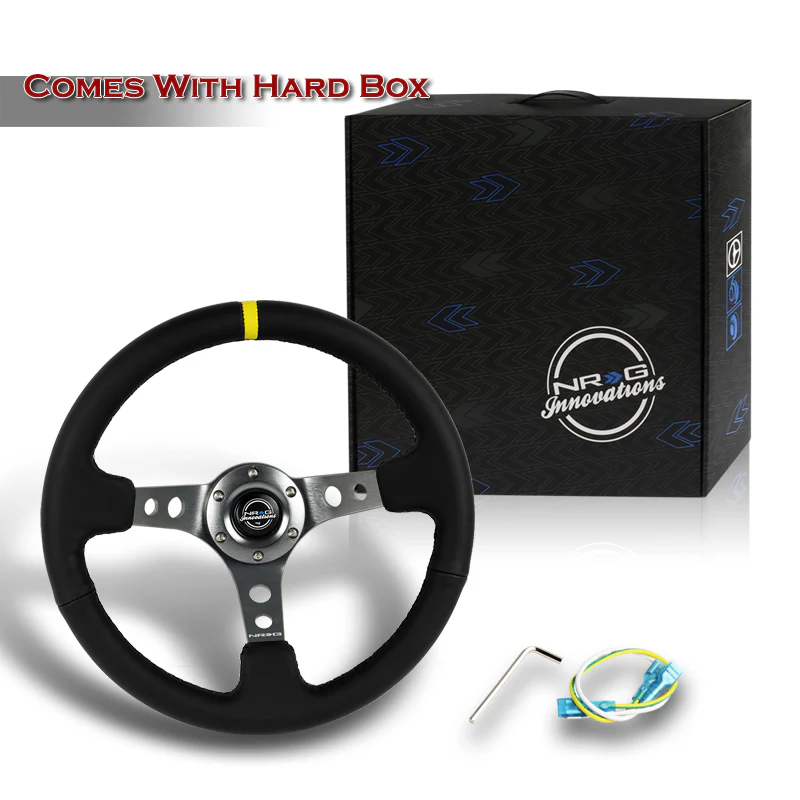 NRG 14" 350mm 6-Bolt Hole Black Leather Yellow Stripe Grip With Aluminum Finished 3-Spoke 3 Inches Deep Dish Racing Steering Wheel RST-006GM-Y -Gun Metal Center - Image 6