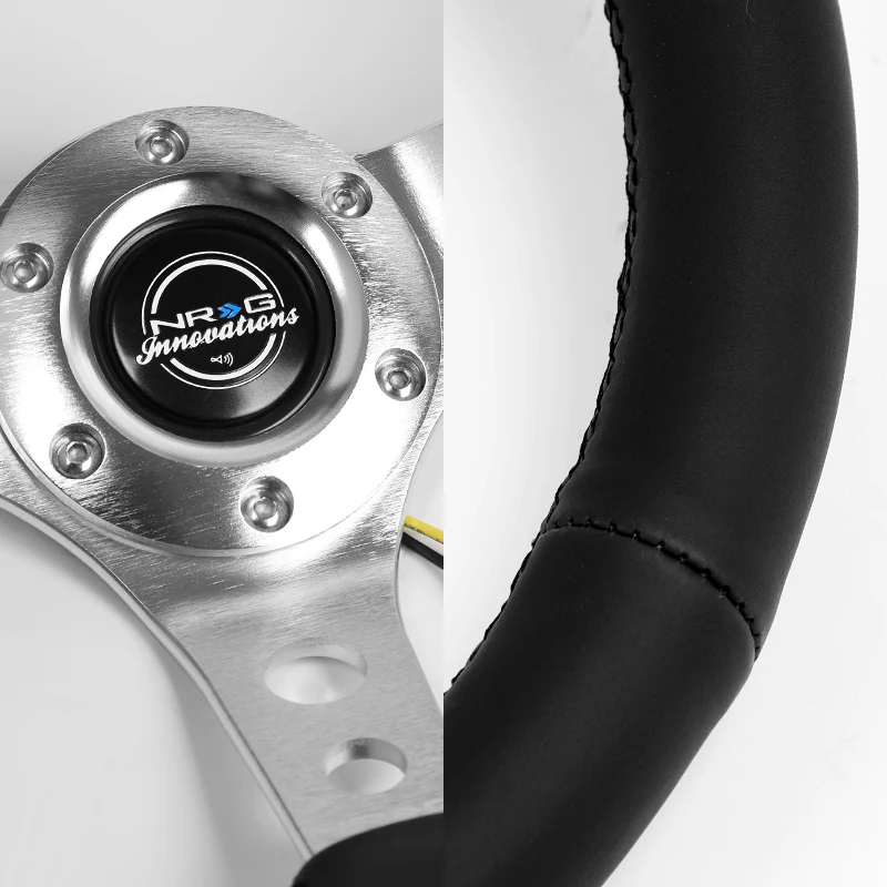 NRG 14" 350mm 6-Bolt Hole Black Leather Grip With Aluminum Finished 3-Spoke 3 Inches Deep Dish Racing Steering Wheel RST-006SL -Silver Center - Image 3