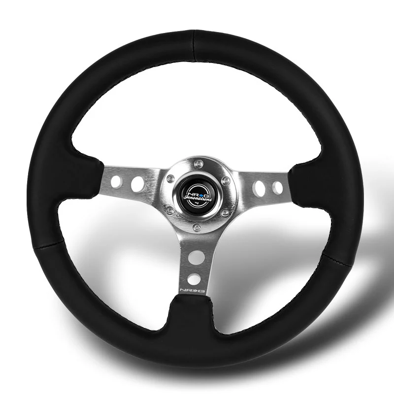 NRG 14" 350mm 6-Bolt Hole Black Leather Grip With Aluminum Finished 3-Spoke 3 Inches Deep Dish Racing Steering Wheel RST-006SL -Silver Center - Image 4