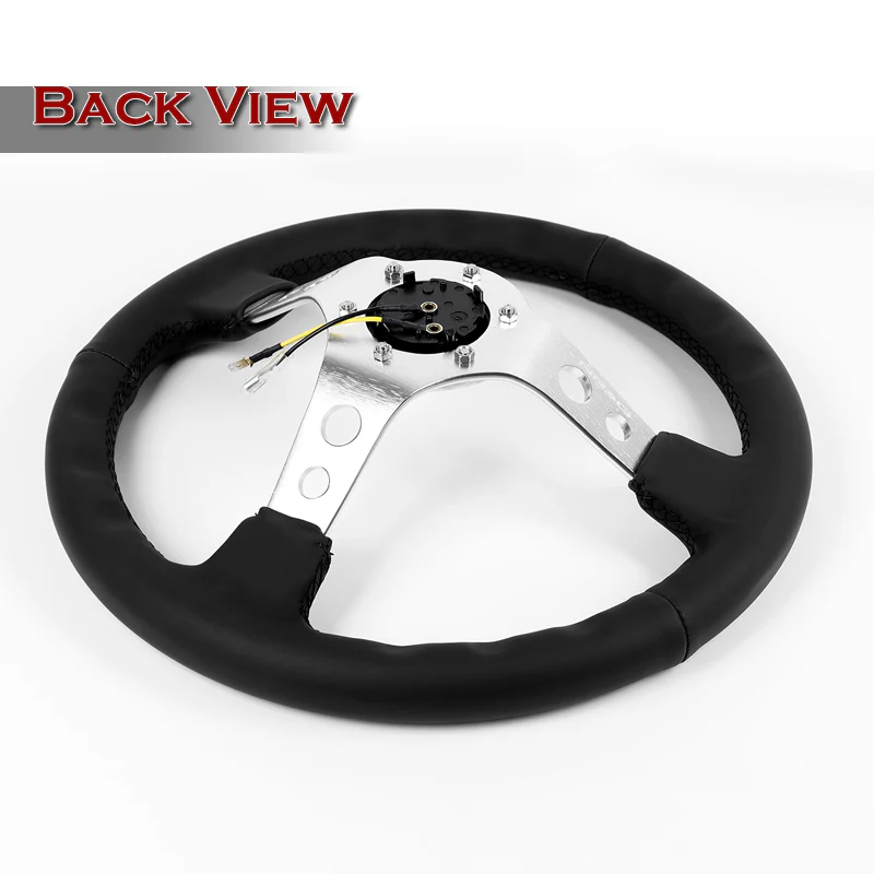 NRG 14" 350mm 6-Bolt Hole Black Leather Grip With Aluminum Finished 3-Spoke 3 Inches Deep Dish Racing Steering Wheel RST-006SL -Silver Center - Image 5