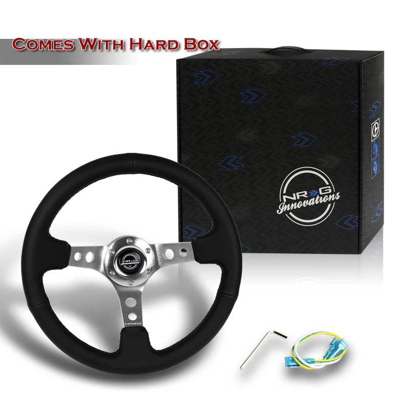 NRG 14" 350mm 6-Bolt Hole Black Leather Grip With Aluminum Finished 3-Spoke 3 Inches Deep Dish Racing Steering Wheel RST-006SL -Silver Center - Image 6